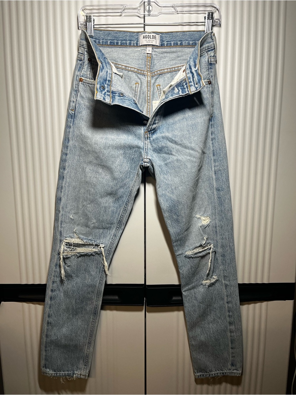 Agolde Light Blue Distressed Slim Straight Jeans